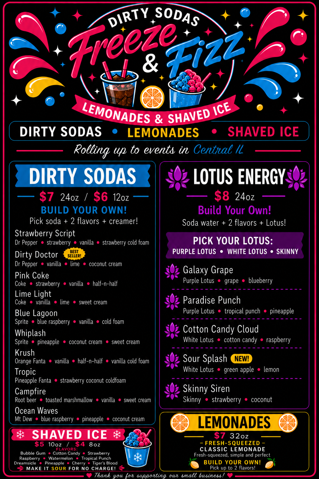 Freeze and Fizz menu board with dirty sodas, Lotus Energy, shaved ice, and lemonades